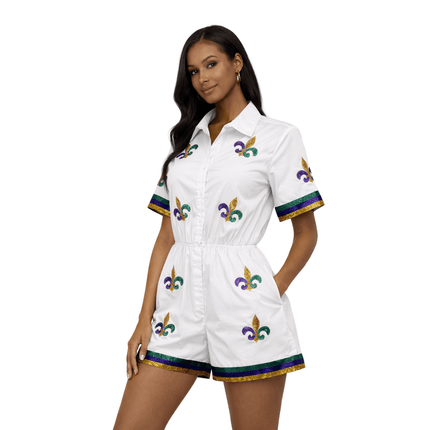Ladies White Fleur - De - Lis Mardi Gras Jumpsuit - Mardi Gras Apparel - Adult, Bibi Top Chart, Gold - Jumpsuit