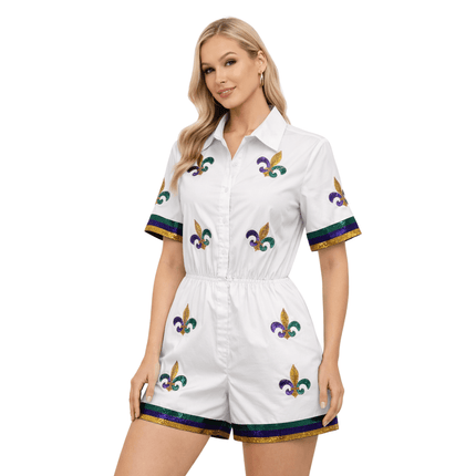 Ladies White Fleur - De - Lis Mardi Gras Jumpsuit - Mardi Gras Apparel - Adult, Bibi Top Chart, Gold - Jumpsuit
