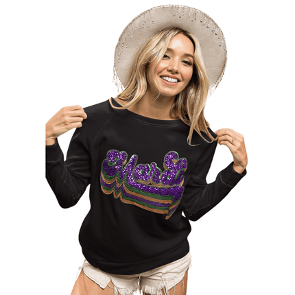 Layered Mardi Sequin Lettering Black Pullover - Mardi Gras Apparel - Adult, Bibi, Bibi Top Chart - Sweatshirt