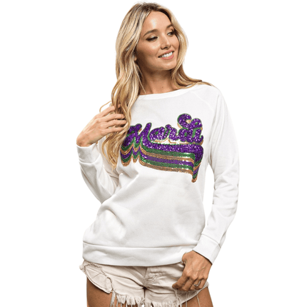 Layered Mardi Sequin Lettering White Pullover - Mardi Gras Apparel - Adult, Bibi, Bibi Top Chart - Sweatshirt