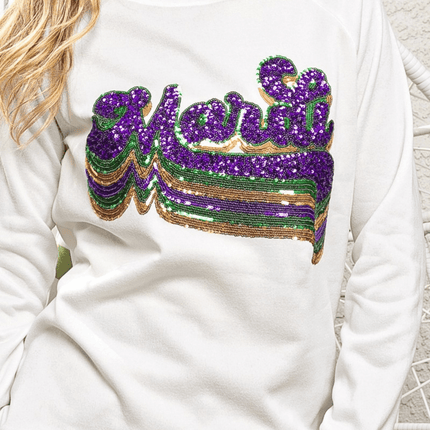 Layered Mardi Sequin Lettering White Pullover - Mardi Gras Apparel - Adult, Bibi, Bibi Top Chart - Sweatshirt