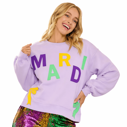 Letter Patches And Side Bow Mardi Gras Sweatshirt - Mardi Gras Apparel - Adult, Bibi, Bibi Top Chart - Sweaters