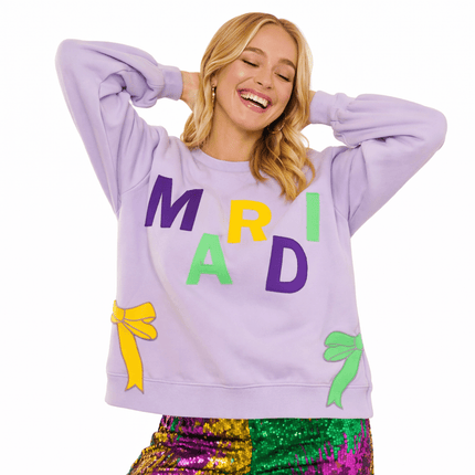 Letter Patches And Side Bow Mardi Gras Sweatshirt - Mardi Gras Apparel - Adult, Bibi, Bibi Top Chart - Sweaters
