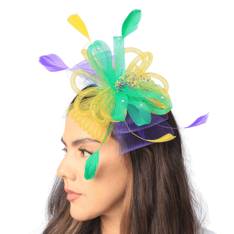 Light - Up Mardi Gras Feather & Mesh Fascinator Headband - Mardi Gras Apparel - Accessories, Headbands, Mardi Gras - Headband