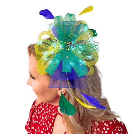 Light - Up Mardi Gras Feather & Mesh Fascinator Headband - Mardi Gras Apparel - Accessories, Headbands, Mardi Gras - Headband