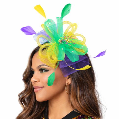 Light - Up Mardi Gras Feather & Mesh Fascinator Headband - Mardi Gras Apparel - Accessories, apparel discount tier, Headbands - Headband
