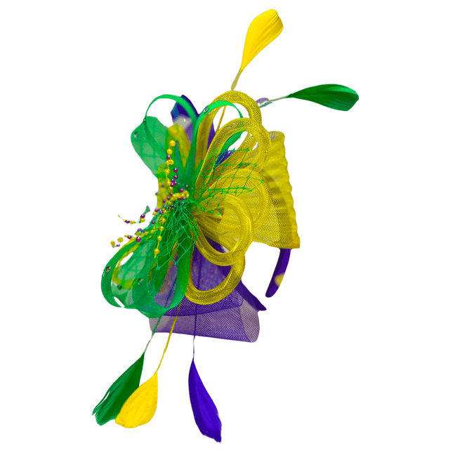 Light - Up Mardi Gras Feather & Mesh Fascinator Headband - Mardi Gras Apparel - Accessories, Headbands, Mardi Gras - Headband