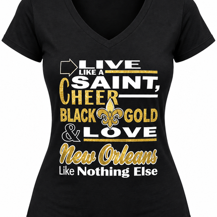 Women’s New Orleans Black & Gold Football V-Neck T-Shirt – Live Like a Saint