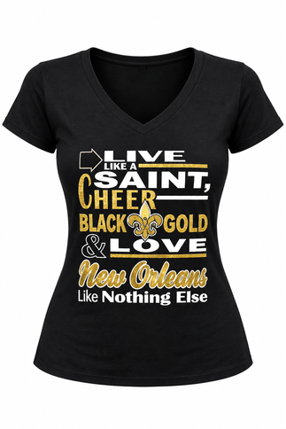 Women’s New Orleans Black & Gold Football V-Neck T-Shirt – Live Like a Saint