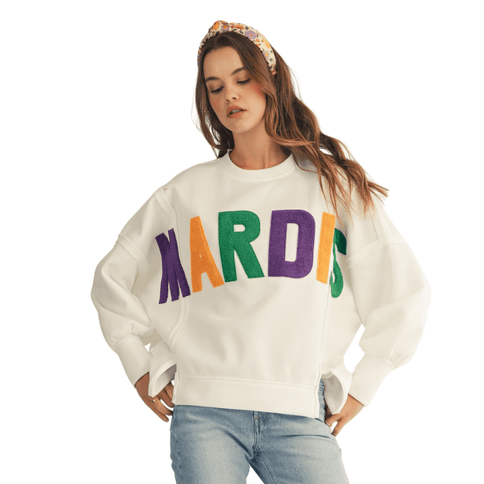 Loose Fit Textured Mardis Sweatshirt - Mardi Gras Apparel - Adult, Green, Ladies - Sweaters