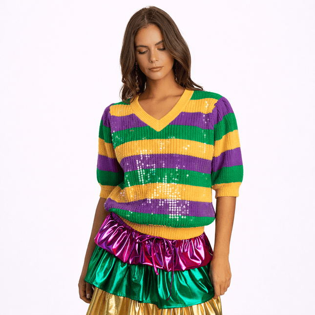 Mardi Celebration Shimmer Stripe Sweater - Mardi Gras Apparel - Adult, apparel discount tier, Green - Sweaters