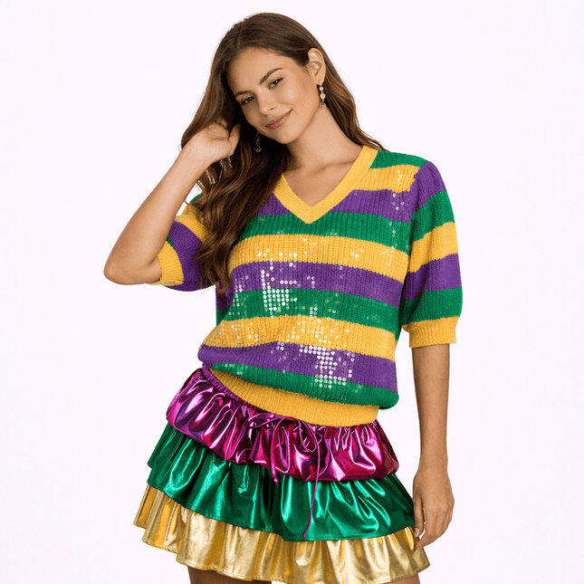 Mardi Celebration Shimmer Stripe Sweater - Mardi Gras Apparel - Adult, apparel discount tier, Green - Sweaters