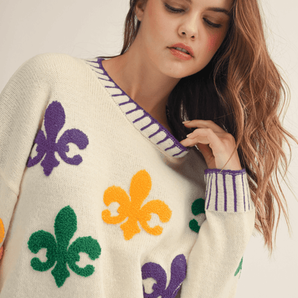 Mardi Fleur Heritage Knit Sweater - Mardi Gras Apparel - Adult, Bibi, Bibi Top Chart - Sweaters