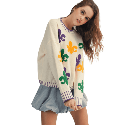 Mardi Fleur Heritage Knit Sweater - Mardi Gras Apparel - Adult, Bibi, Bibi Top Chart - Sweaters