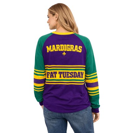 Mardi Gras 2026 Fat Tuesday Limited Edition Adult Raglan Tee - Mardi Gras Apparel - 100% Cotton, Adult Unisex, Back Design - Raglan Long Sleeve Tee