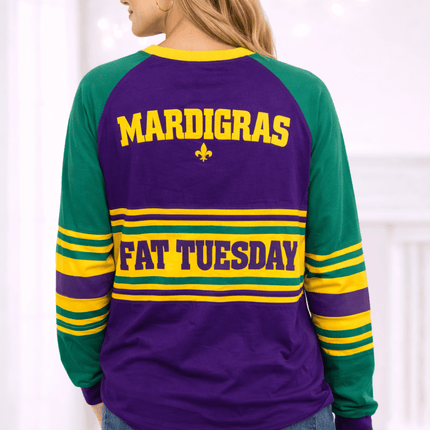 Mardi Gras 2026 Fat Tuesday Limited Edition Adult Raglan Tee - Mardi Gras Apparel - 100% Cotton, Adult Unisex, Back Design - Raglan Long Sleeve Tee