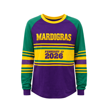 Mardi Gras 2026 Fat Tuesday Limited Edition Adult Raglan Tee - Mardi Gras Apparel - 100% Cotton, Adult Unisex, Back Design - Raglan Long Sleeve Tee