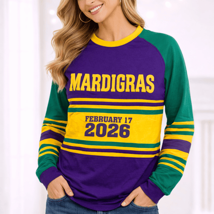 Mardi Gras 2026 Fat Tuesday Limited Edition Adult Raglan Tee - Mardi Gras Apparel - 100% Cotton, Adult Unisex, Back Design - Raglan Long Sleeve Tee