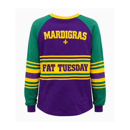 Mardi Gras 2026 Fat Tuesday Limited Edition Adult Raglan Tee - Mardi Gras Apparel - 100% Cotton, Adult Unisex, Back Design - Raglan Long Sleeve Tee