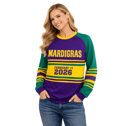 Mardi Gras 2026 Fat Tuesday Limited Edition Adult Raglan Tee - Mardi Gras Apparel - 100% Cotton, Adult Unisex, Back Design - Raglan Long Sleeve Tee