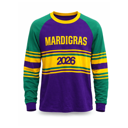 Mardi Gras 2026 Limited Edition Adult Raglan Tee - Mardi Gras Apparel - 100% Cotton, Adult Unisex, Back Design - Raglan Long Sleeve Tee