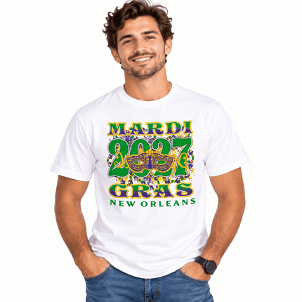 Mardi Gras 2027 New Orleans Mask Unisex Tee - Mardi Gras Apparel - apparel discount tier, Fat Savings 50% Off, new orleans tshirt - Tee-Shirt