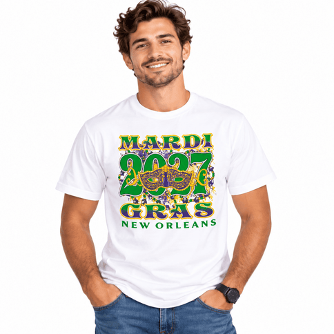 Mardi Gras 2027 New Orleans Mask Unisex Tee - Mardi Gras Apparel - apparel discount tier, Fat Savings 50% Off, new orleans tshirt - Tee-Shirt