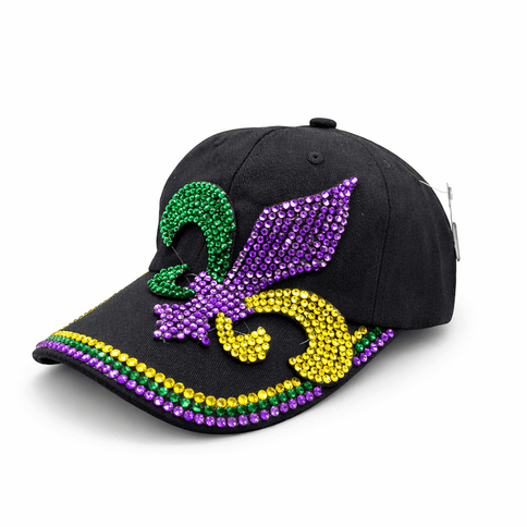 Mardi Gras Adjustable Hat with Rhinestone Fleur - de - Lis Black - Mardi Gras Apparel - Accessories, accessory discount tier, Fat Savings 50% Off - Hats