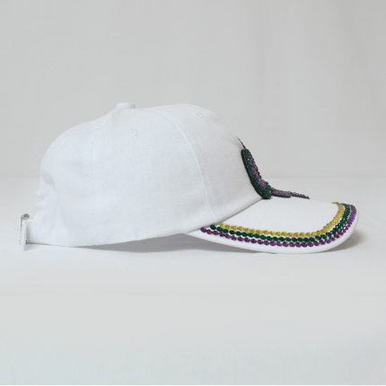 Mardi Gras Adjustable Hat with Rhinestone Fleur - de - Lis White - Mardi Gras Apparel - Accessories, Hats, Mardi Gras - Hats