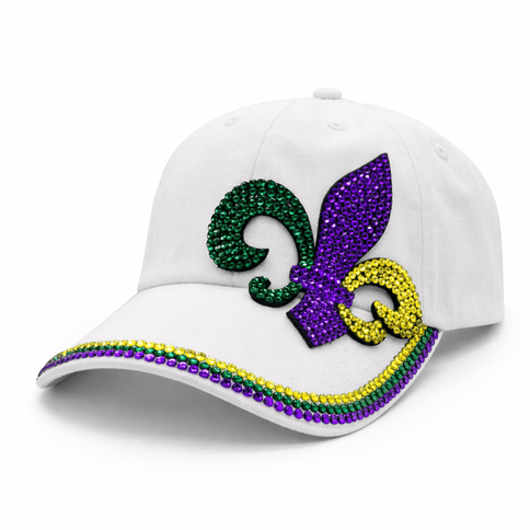 Mardi Gras Adjustable Hat with Rhinestone Fleur - de - Lis White - Mardi Gras Apparel - Accessories, Hats, Mardi Gras - Hats