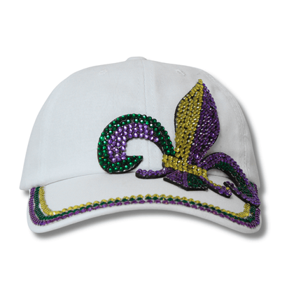 Mardi Gras Adjustable Hat with Rhinestone Fleur - de - Lis White - Mardi Gras Apparel - Accessories, Hats, Mardi Gras - Hats