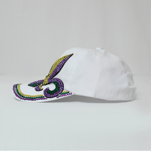 Mardi Gras Adjustable Hat with Rhinestone Fleur - de - Lis White - Mardi Gras Apparel - Accessories, Hats, Mardi Gras - Hats