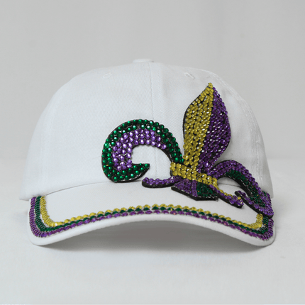 Mardi Gras Adjustable Hat with Rhinestone Fleur - de - Lis White - Mardi Gras Apparel - Accessories, Hats, Mardi Gras - Hats