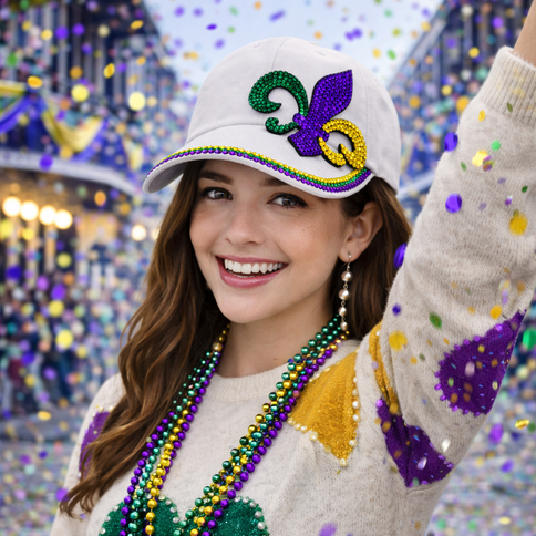 Mardi Gras Adjustable Hat with Rhinestone Fleur - de - Lis White - Mardi Gras Apparel - Accessories, Hats, Mardi Gras - Hats