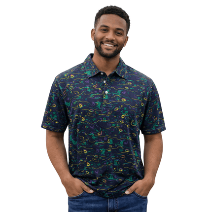 Mardi Gras All - Over Print Polo Shirt Festive Carnival Style - Mardi Gras Apparel - Adult, Buttons up, Machine Washable - Rugby Polo