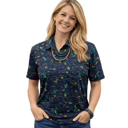 Mardi Gras All - Over Print Polo Shirt Festive Carnival Style - Mardi Gras Apparel - Adult, Buttons up, Machine Washable - Rugby Polo