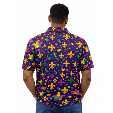 Mardi Gras All - Over Print Polo Shirt Fleur de Lis & Carnival Icons - Mardi Gras Apparel - Adult Unisex, Button Up, Collared - Rugby Polo