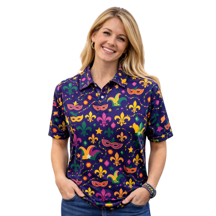 Mardi Gras All - Over Print Polo Shirt Fleur de Lis & Carnival Icons - Mardi Gras Apparel - Adult Unisex, Button Up, Collared - Rugby Polo