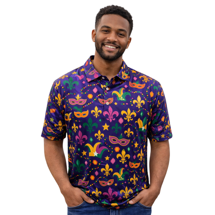 Mardi Gras All - Over Print Polo Shirt Fleur de Lis & Carnival Icons - Mardi Gras Apparel - Adult Unisex, Button Up, Collared - Rugby Polo