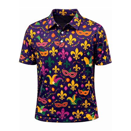 Mardi Gras All - Over Print Polo Shirt Fleur de Lis & Carnival Icons - Mardi Gras Apparel - Adult Unisex, Button Up, Collared - Rugby Polo