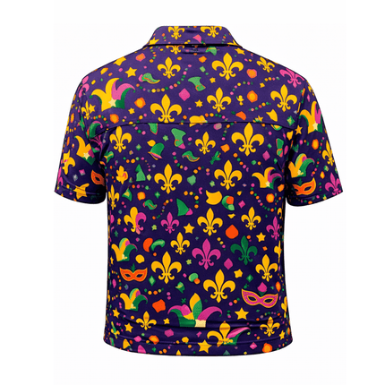 Mardi Gras All - Over Print Polo Shirt Fleur de Lis & Carnival Icons - Mardi Gras Apparel - Adult Unisex, Button Up, Collared - Rugby Polo
