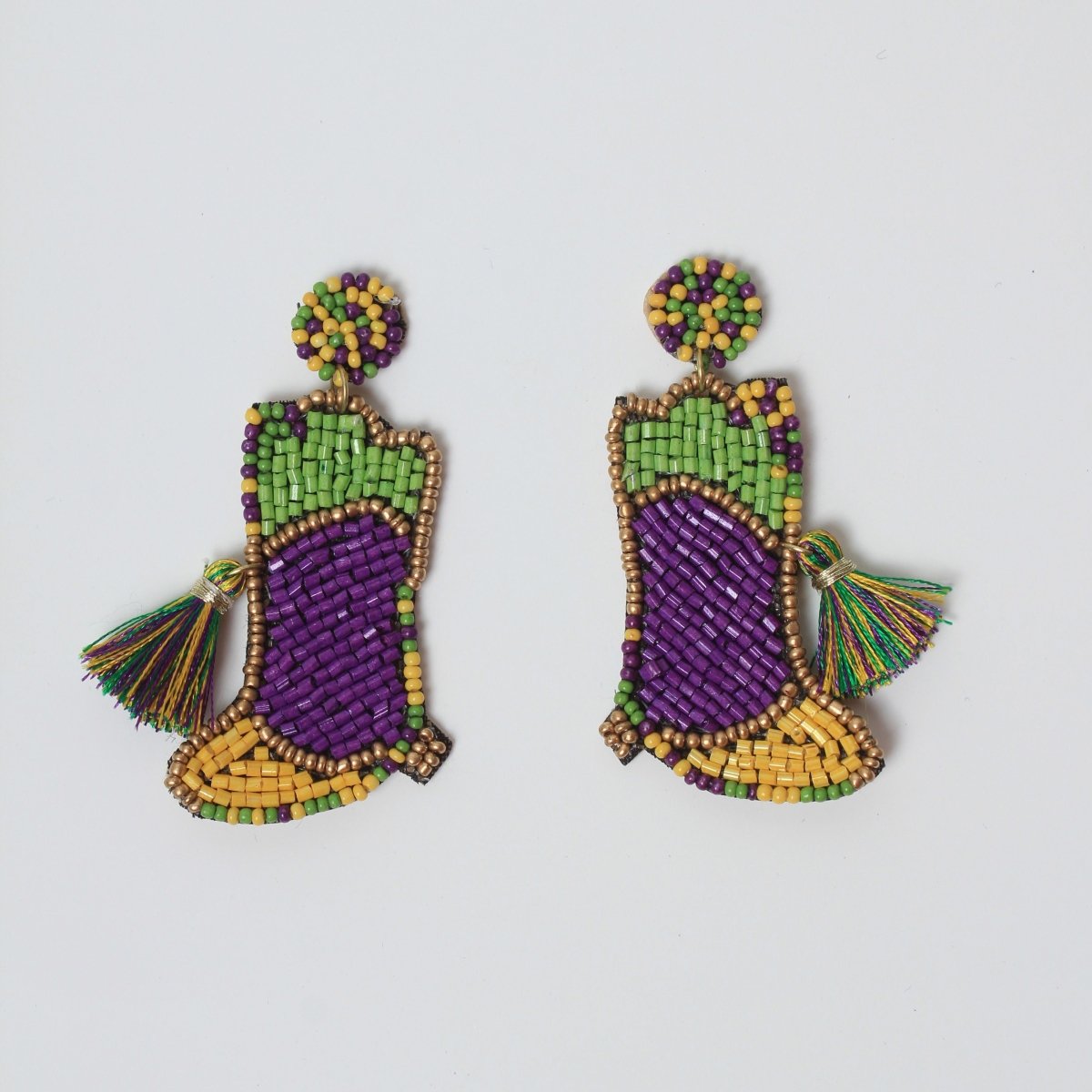 Mardi Gras Beaded Boot Earrings with Tassel Accent - Mardi Gras Apparel - Accessories, Earrings, Mardi Gras - Mardi Gras Earrings