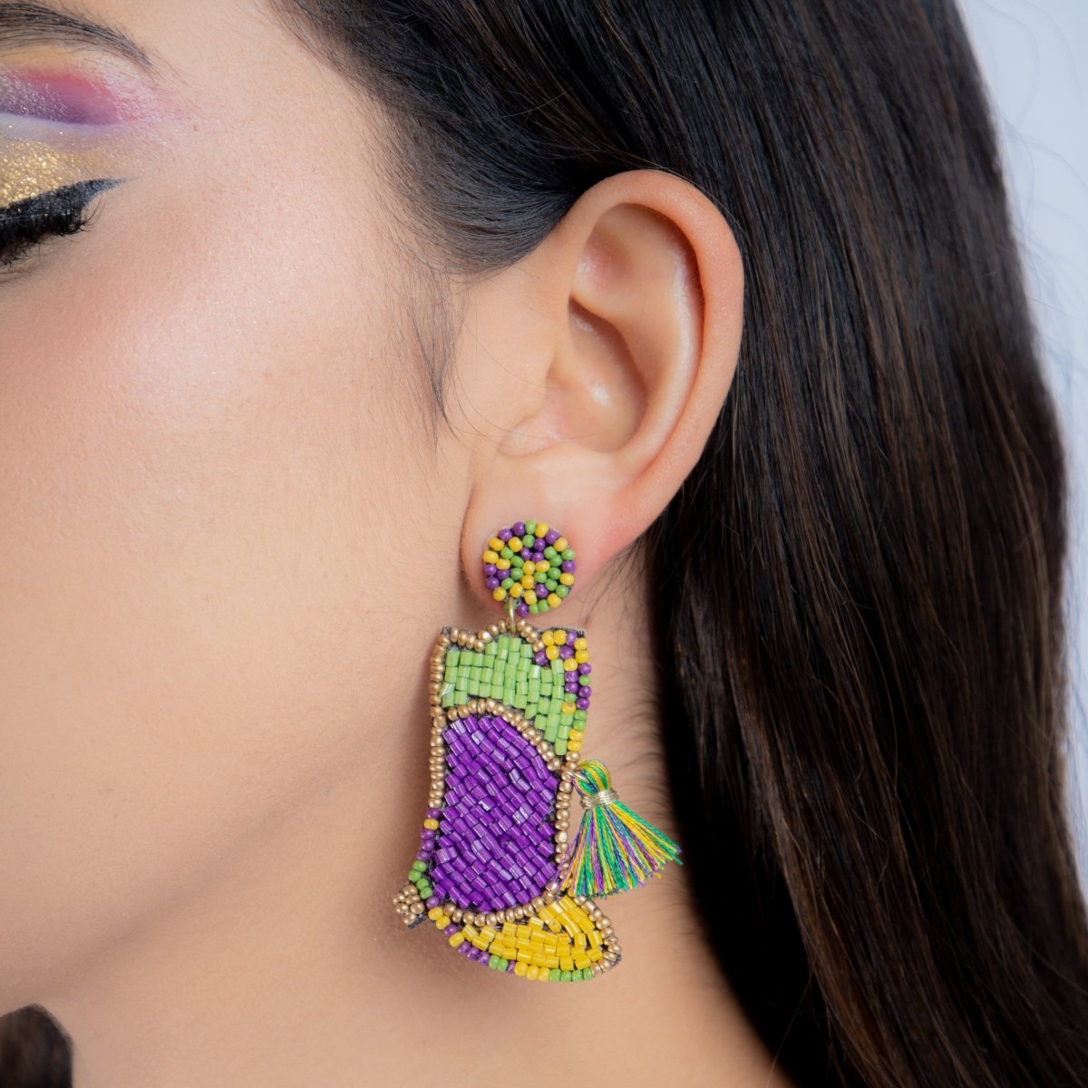 Mardi Gras Beaded Boot Earrings with Tassel Accent - Mardi Gras Apparel - Accessories, Earrings, Mardi Gras - Mardi Gras Earrings