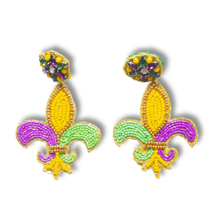 Mardi Gras Beaded Fleur - de - Lis Drop Earrings - Mardi Gras Apparel - Accessories, Adult, Earrings - Earrings