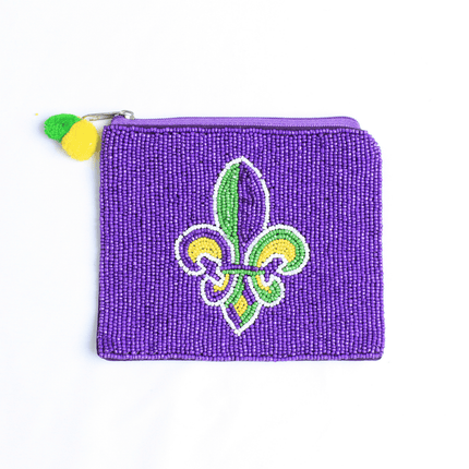 Mardi Gras Beaded Fleur - de - Lis Pouch - Purple - Mardi Gras Apparel - Accessories, Bags, Mardi Gras - Pouch