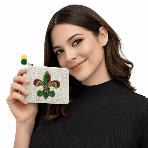 Mardi Gras Beaded Fleur - de - Lis Pouch White - Mardi Gras Apparel - Accessories, Bags, Mardi Gras - Pouch