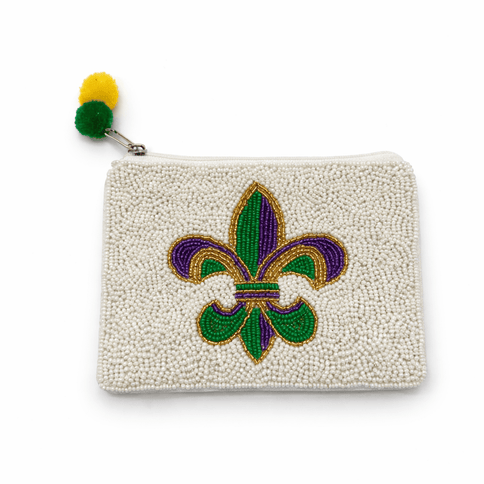 Mardi Gras Beaded Fleur - de - Lis Pouch White - Mardi Gras Apparel - Accessories, Bags, Mardi Gras - Pouch