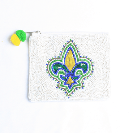 Mardi Gras Beaded Fleur - de - Lis Pouch – White - Mardi Gras Apparel - Accessories, Bags, Mardi Gras - Pouch