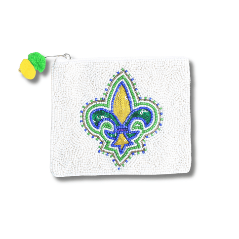 Mardi Gras Beaded Fleur - de - Lis Pouch – White - Mardi Gras Apparel - Accessories, Bags, Mardi Gras - Pouch