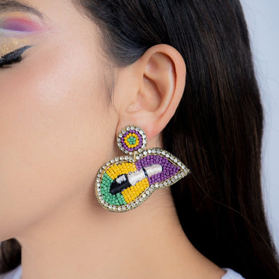 Mardi Gras Beaded Mask Earrings with Rhinestones - Mardi Gras Apparel